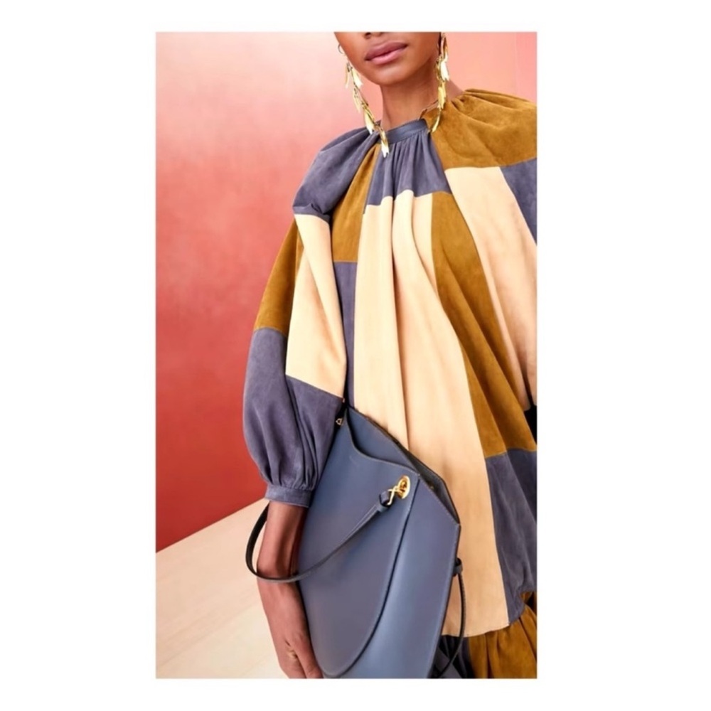 New! Rare ULLA JOHNSON Bernadine Patchwork Lambskin Suede Leather Midi Dress - Picture 5 of 12